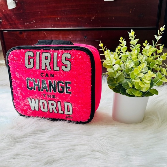 Justice “Girls Can Change the World” Sequin Lunchbox – Pink & Black - Picture 1 of 8